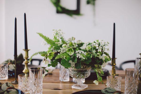 Timeless green and white floral table centerpiece