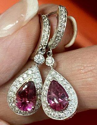 Red Tourmaline and Diamond earrings.  Designed by Salem Gem