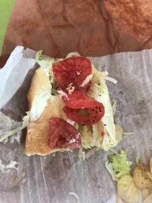 Cheese sub - ton of mayo bread was already broken and tomatoes were literally not in the sub - horrible !