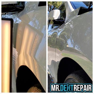 Crease body line dent on aluminum fender before and after repair.