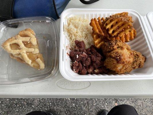 Buttermilk fried chicken, red beans and rice. Cajun waffle fries, and apple pie,