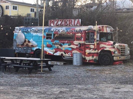 The original and permanently parked Pizza Machine - Black Mountain bus