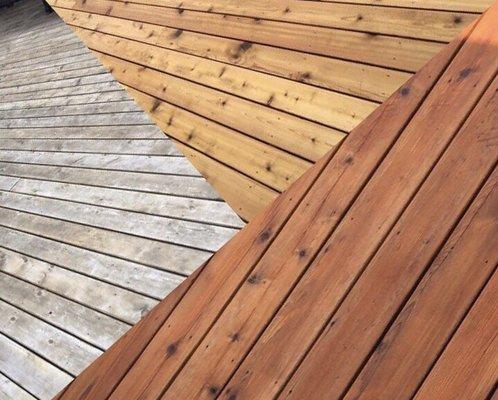 Slices of same deck -- before, after Pressure Wash and after Sealing!