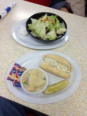 Nacho Chili Bowl & Chicken Salad Sandwich with Chicken Pot Pie.