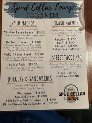 Spud Cellar Lounge Menu