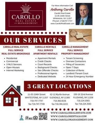 Our Services Include; Real Estate Brokerage / Carollo Rentals / Carollo Management