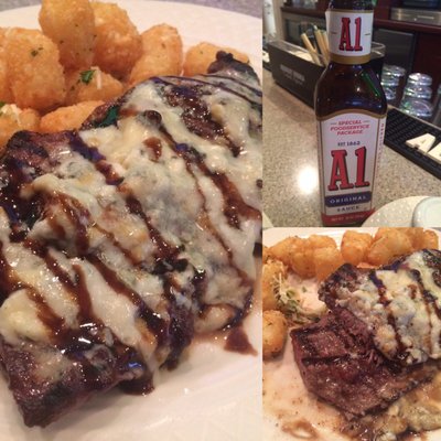 Steak and Frites (tater tots). Fancy. Passed on the A-1. Mistake. Lol!