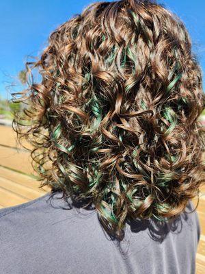 Teal highlights in curly hair