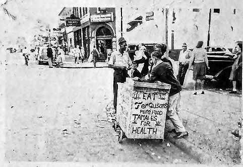 Ferguson's tamale cart late 1940's in front of Billingsley Grocery, across from Biggers Hardware, Cruise Street, Corinth, MS