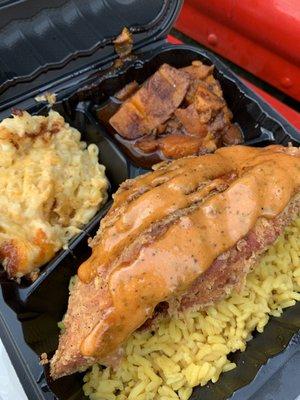 Stuffed fried salmon dinner with Mac and candied yams