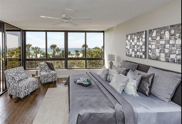 Master Bedroom in a Sanctuary Condo on Longboat Key. Professionally Staged by Doshia Wagner of NonStop Staging.