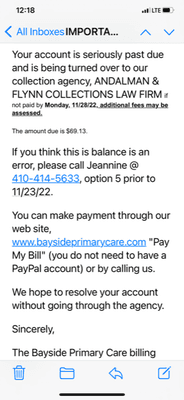 Here is a bizarre email.  6 days to pay a bill I never seen over a holiday weekend.