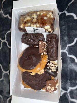 Dark chocolate dipped carmels, dark chocolate bear claw, coconut joy fudge, dipped toffee