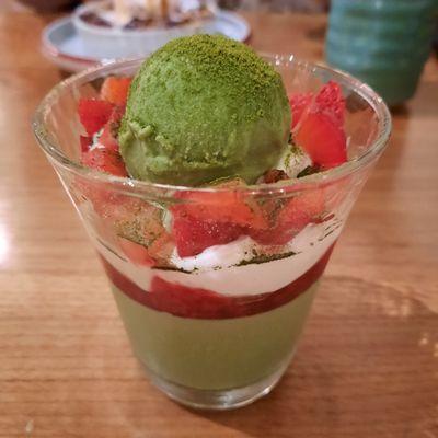 Ichigo Ichi-e dessert.  They'll have to explain it - matcha ice cream, mascarpone, strawberries, and a matcha gelatin.