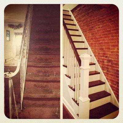 Before & After stairs with exposed brick