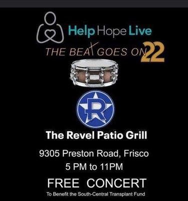 FUNDAY May 22, 2022 
 The Revel Patio Grill.https://www.eventbrite.com/e/the-beat-goes-on-in-22-free-concert-tickets-309067337727