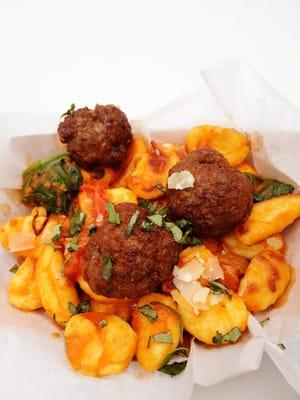 Wagyu Kobe Beef Meatballs Oven Roasted Tomatoes with Sweet Basil Red Sauce Over Gnocchis