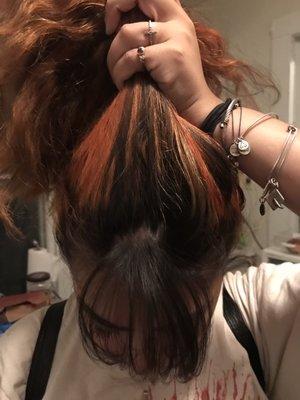 No blending at the top all he did was bleach my hair throw a color on it and chopped the parts he fucked up