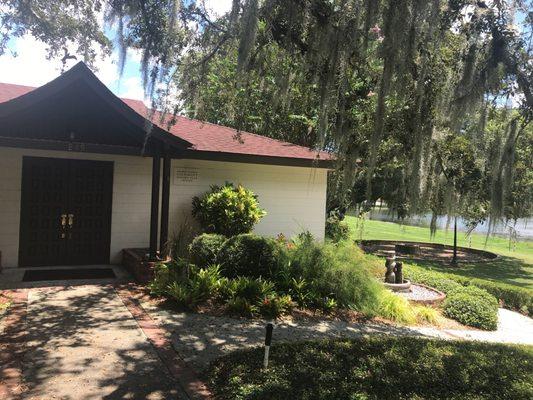 The actual building with fire pit to the right.