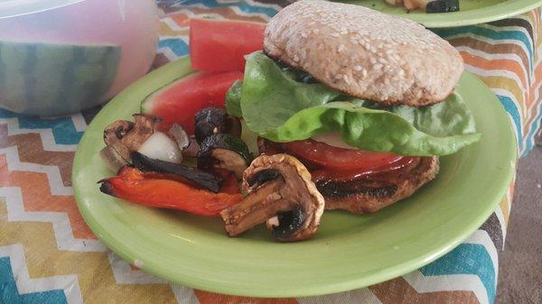 Everything but the lettuce & cheese came from a local source. I got the hamburger from a local farmer & the rest from the farm stand.