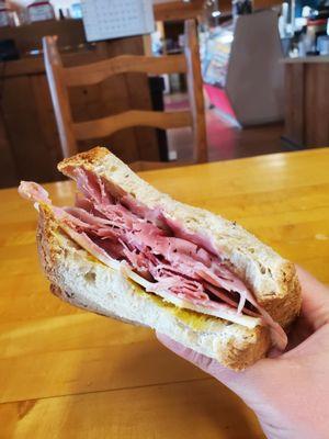 Ham sandwich on rye with swiss