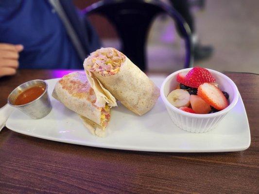 Breakfast burrito with side of seasonal fruit