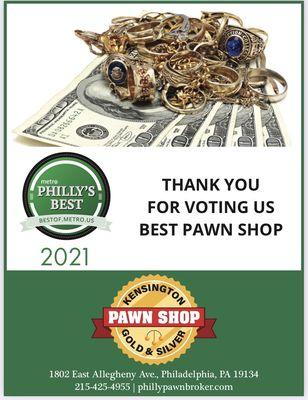 Voted BEST PAWN SHOP in Philadelphia.  PHILLY'S BEST METRO PAPER