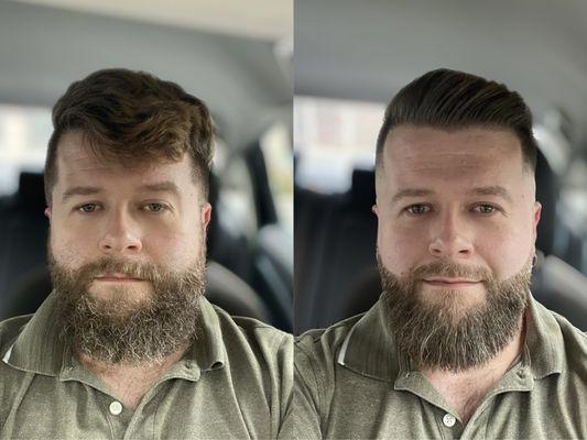 Before and after of a fade and beard clean up