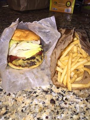 Bacon double cheeseburger and French fries!!!