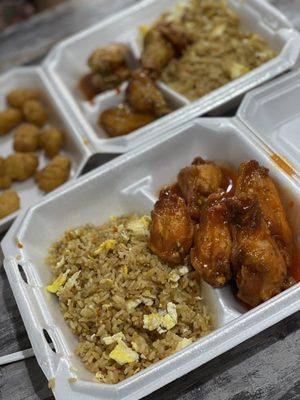 Top Left: Corn Nuggets Top Right: 5 Pc Bone-In Combo w/ Spicy Sweet Mango and Rice Bottom: 5 Pc Bone-In Combo w/ Buffalo and Rice