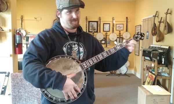 My boyfriend just got his banjo back after having it fixed as a gift from my Dad for his 30th birthday.