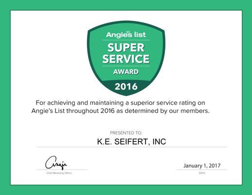 Happy to announce we've received the 2016 Angie's List Super Service Award. Thanks to all our customers for making it possible!