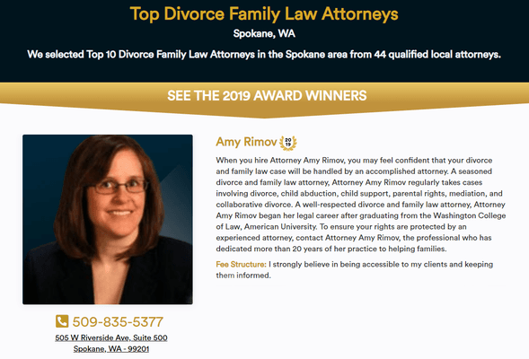 As a testament to Amy's tenacious representation, she won the honor of being named Top Divorce Family Law Attorney by Lawyers.com in 2019.