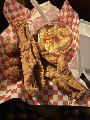 2 piece Basa (catfish) meal with potato salad.