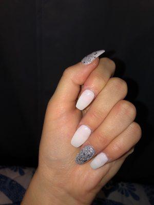 Dipping powder in "soft white" w/ silver glitter ring nail and ombré thumb