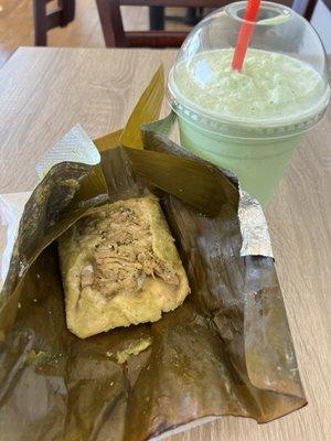 Green chili and pork tamale with a mint green tea