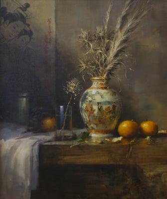 Still Life with Japanese Print and Vase 20x17" Oil Artist Mat Grogan