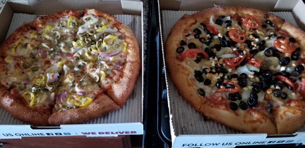 Build your own on left with Mushrooms, onions, banana peppers, green olives and garden on right. Both delicious, garden more so!