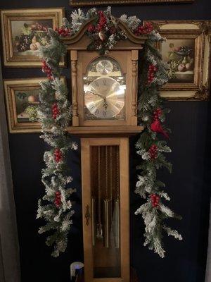 My perfectly working grandfather clock... with Christmas decor