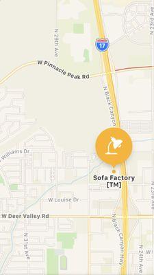 Sofa Factory(TM)'s pinpointed location on a local map.