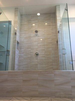 Double Entree glass shower with stunning marble