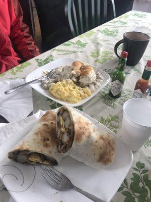 Half size biscuits and gravy and half size burrito. Still massive portions.