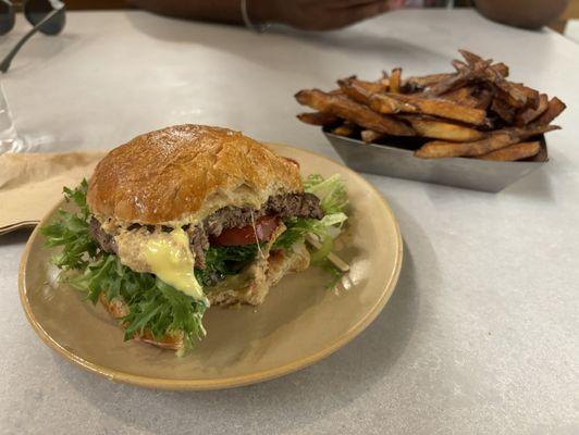 Farm burger (grass fed) with raw cheddar is BOMB. Regular fries on the side.