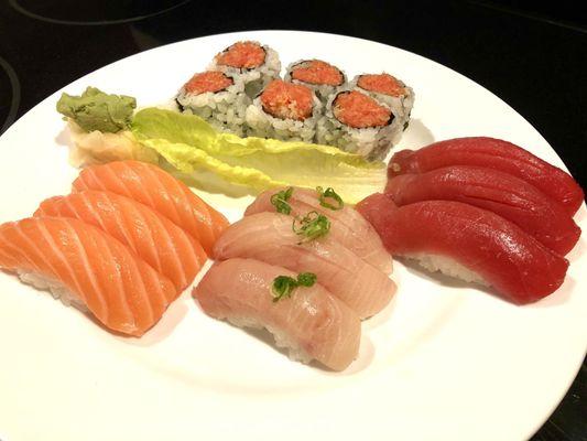 Tri-Color Sushi salmon, yellowtail, tuna with a spicy tuna roll. Well priced at around $24