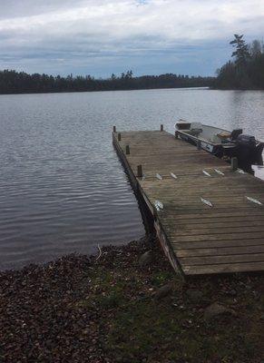 The outfitter's dock in Hungry Jack Lake that you leave on your rented canoes from!