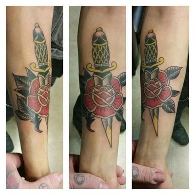 Rose and Sword tattooed by Zach Bailey