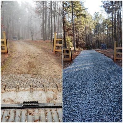 Ditches redone, driveway crown and gravel added