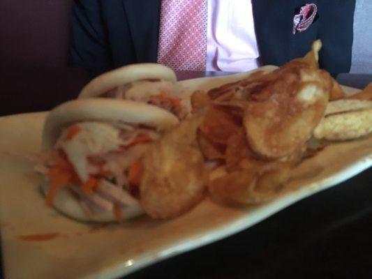 Coconut and lemongrass chicken Bao bun sandwiches with housemade crispy, crispy potato chips!! Yummy!