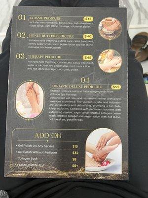 Pedicure menu