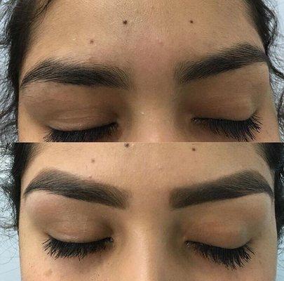 Top picture:before bottom picture: after Full brow wax service with brow fill in and makeup touch up